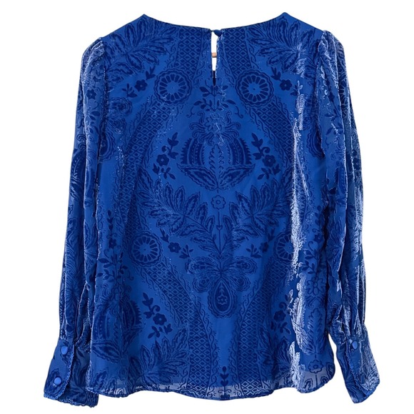 Soft Surroundings Vanetta Velvet Top Blue Devore  Damask Floral Blouse Small - Picture 5 of 13